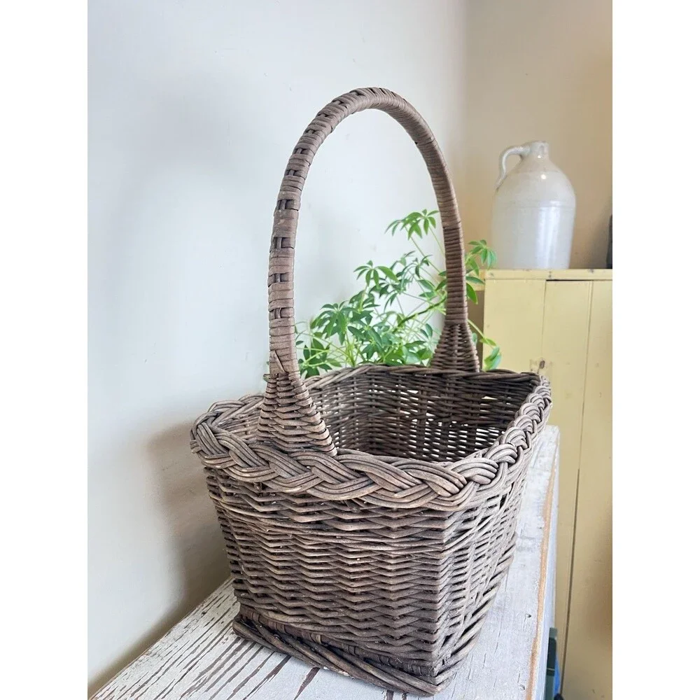 Vintage Rustic Mid Century Dark Brown Primitive Gathering Basket High Handle 18”